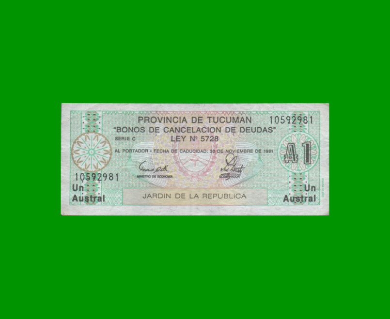 BONO DE TUCUMAN 1,00 AUSTRAL, EC 099, AÑO 1988, ESTADO MUY BUENO+.-