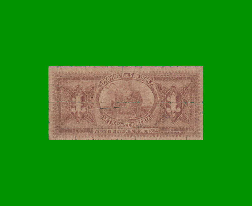 BILLETE PROVINCIA DE SAN JUAN $ 1,00, PICK , AÑO 1892, BAUMAN SJU070 ESTADO REGULAR.- - Imagen 2