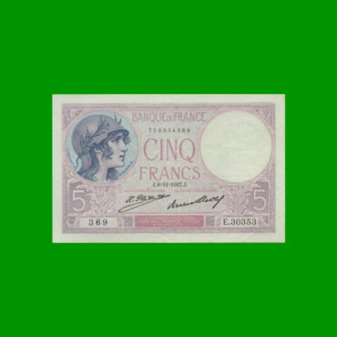 BILLETE DE FRANCIA 5 FRANCOS, PICK 72d, AÑO 1927, ESTADO MUY BUENO+.-