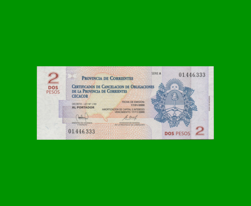 BONO CORRIENTES $2,00, EC 310, SERIE A, ESTADO SIN CIRCULAR.-