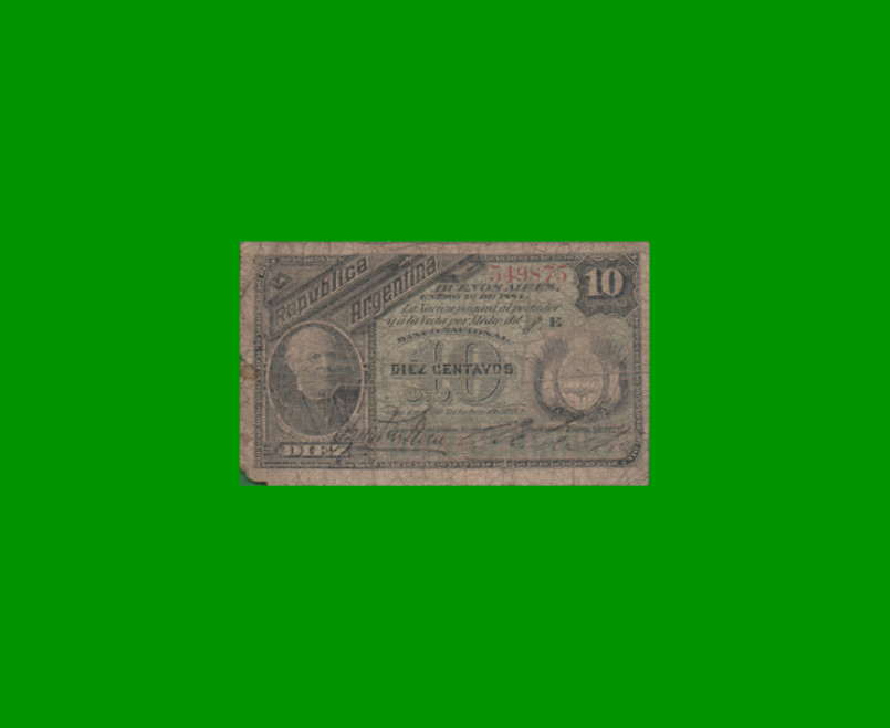 BILLETE FRACCIONARIO 0,10 CTVOS, NC 355b, AÑO 1883, ESTADO REGULAR.-