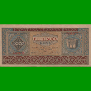 BILLETE DE CROACIA 5.000 KUNA, PICK 13, AÑO 1943, ESTADO EXCELENTE+.-