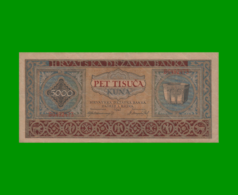 BILLETE DE CROACIA 5.000 KUNA, PICK 13, AÑO 1943, ESTADO EXCELENTE+.-