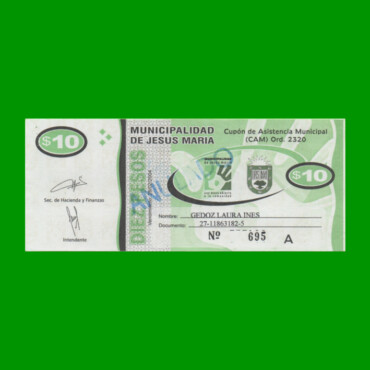 BONO MUNICIPALIDAD DE JESUS MARIA $10,00, ANULADO, AÑO 2004, ESTADO EXCELENTE+ .-