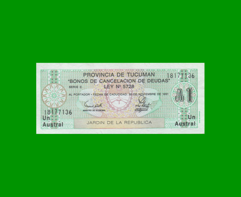 BONO DE TUCUMAN 1,00 AUSTRAL, EC 100, AÑO 1988, ESTADO SIN CIRCULAR