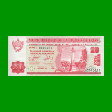BONO DE LA MUNICIPALIDAD DE FRIAS $20,00, SERIE G, AÑO 2001, NUMERACION BAJA, ESTADO MUY BUENO+.-