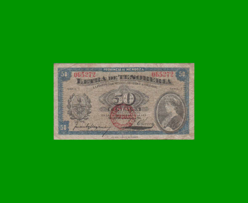 BILLETE PROVINCIA DE MENDOZA 0,50 CTVOS MONEDA NACIONAL, PICK S2084, AÑO 1914, ESTADO BUENO.-