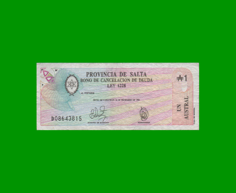 BONO DE SALTA 1,00 DE AUSTRAL, EC 053, AÑO 1987, ESTADO BUENO+.-