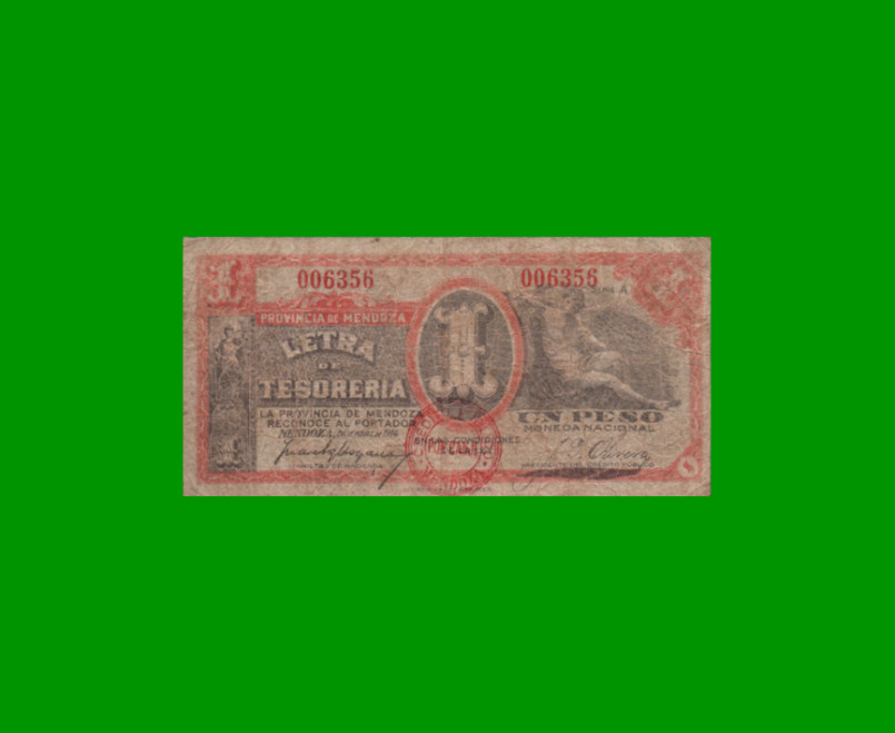 BILLETE PROVINCIA DE MENDOZA $1,00 MONEDA NACIONAL, PICK S2088, AÑO 1914, ESTADO BUENO.-