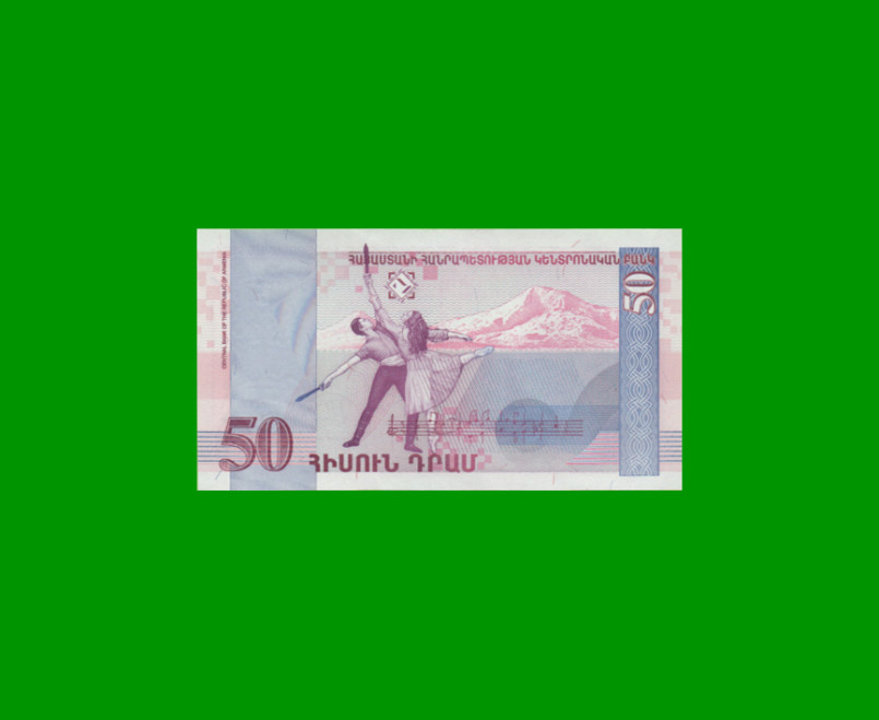 BILLETE DE ARMENIA 50 DRAMS, PICK 41, AÑO 1998, ESTADO SIN CIRCULAR.- - Imagen 2