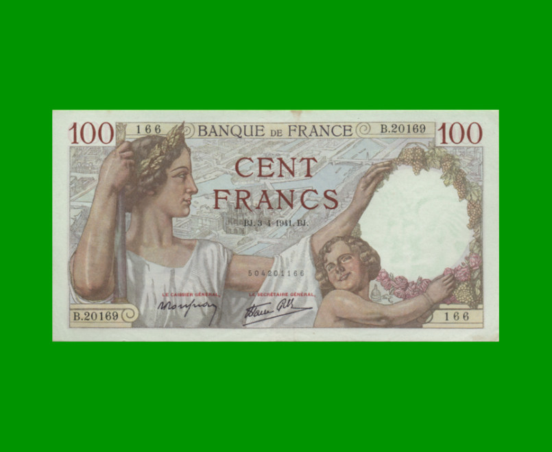 BILLETE DE FRANCIA 100 FRANCOS, PICK 94, AÑO 1941, ESTADO MUY BUENO+.-