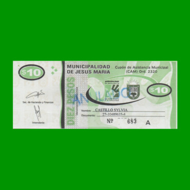 BONO MUNICIPALIDAD DE JESUS MARIA $10,00, ANULADO, AÑO 2004, ESTADO SIN CIRCULAR.-