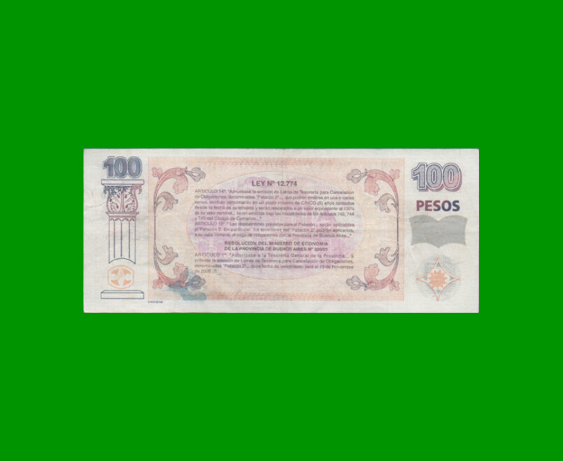 BONO DE BUENOS AIRES $100,00, EC 226, AÑO 2002, FALSO DE LA EPOCA, ESTADO MUY BUENO.- - Imagen 2