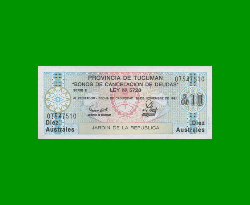 BONO DE TUCUMAN 10,00 AUSTRALES, EC 112, AÑO 1987, ESTADO SIN CIRCULAR.-