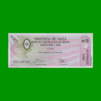 BONO DE SALTA 10,00 DE AUSTRALES, EC 064, AÑO 1988, ESTADO MUY BUENO+