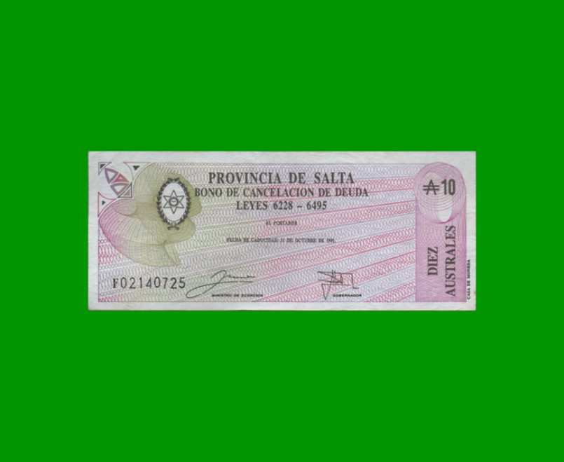 BONO DE SALTA 10,00 DE AUSTRALES, EC 064, AÑO 1988, ESTADO MUY BUENO+