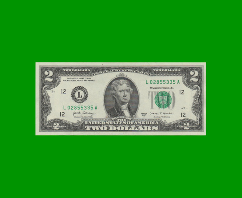 BILLETE DE EEUU 2,00 DOLAR, SELLO VERDE, PICK 545, ESTADO SIN CIRCULAR.-