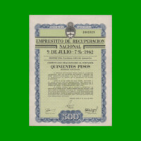 BONO MONEDA NACIONAL $500,00, EMPRESTITO DE RECUPERACION NACIONAL 9 DE JULIO, AÑO 1962, ESTADO EXCELETE.-