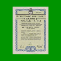 BONO MONEDA NACIONAL $500,00, EMPRESTITO DE RECUPERACION NACIONAL 9 DE JULIO, AÑO 1962, ESTADO EXCELETE+.-