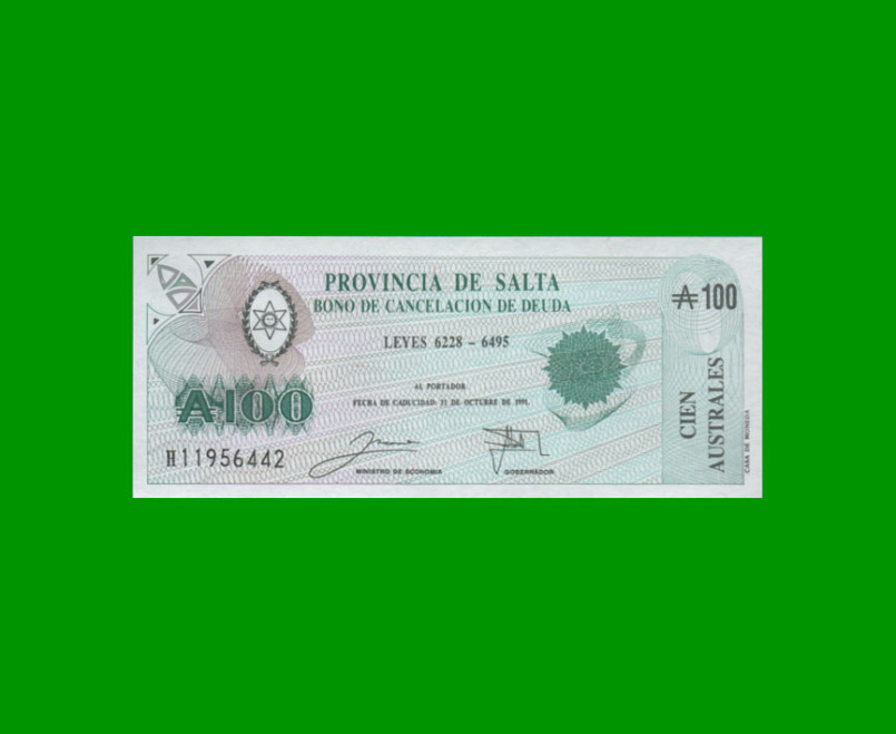 BONO DE SALTA 100,00 DE AUSTRALES, EC 069, AÑO 1989, ESTADO SIN CIRCULAR.-