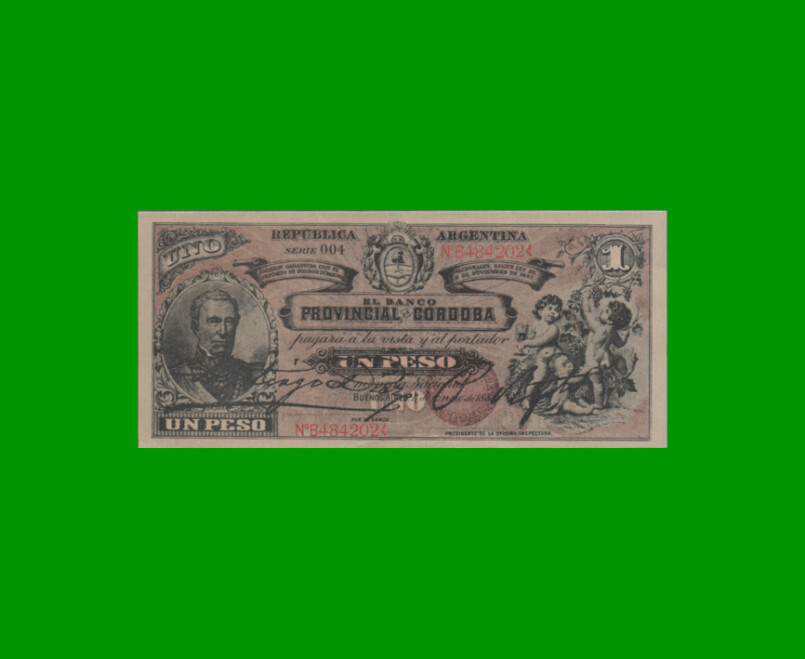 BILLETE PROVINCIA DE CORDOBA $ 1,00 FASCIMIL, AÑO 1888, SERIE 004, ESTADO EXCELENTE.-