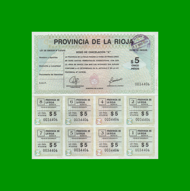 BONO DE LA RIOJA $5,00 SERIE A, AÑO 1995, ESTADO EXCELENTE.-