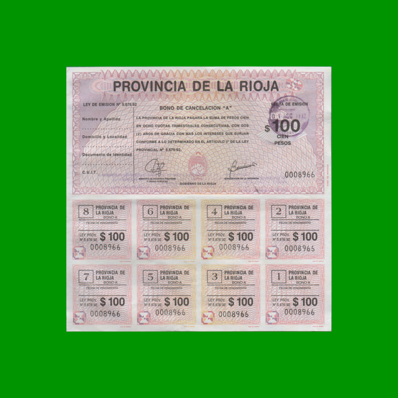 BONO DE LA RIOJA $100,00 SERIE A, AÑO 1995, ESTADO EXCELENTE.-