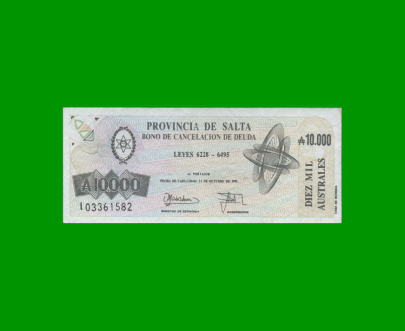 BONO DE SALTA 10.000,00 DE AUSTRALES, EC 078, AÑO 1990, ESTADO MUY BUENO+.-