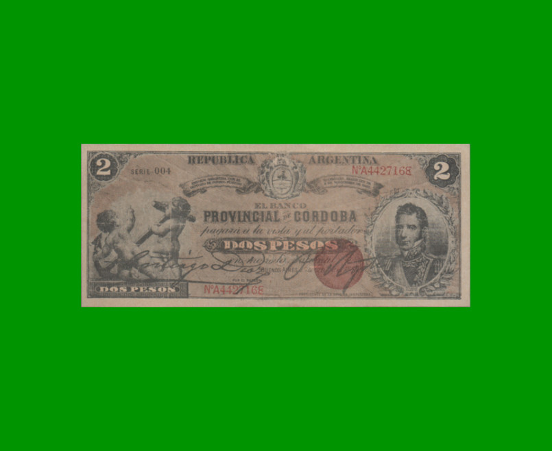 BILLETE PROVINCIA DE CORDOBA $ 2,00 FASCIMIL, AÑO 1888, SERIE 004, ESTADO MUY BUENO+.-