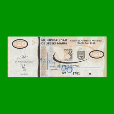 BONO MUNICIPALIDAD DE JESUS MARIA $20,00, ANULADO, AÑO 2004, ESTADO SIN CIRCULAR .-