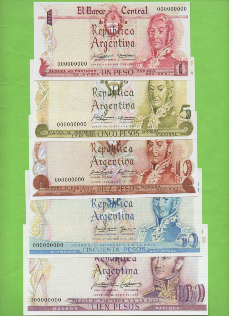 MONEDA NACIONAL SET DE 5 BILLETES, FASCIMIL 1, 5, 10, 50, 100 PESOS, ESTADO SIN CIRCULAR.-