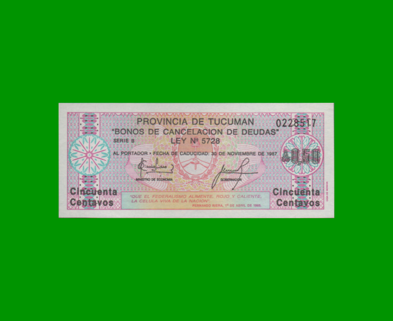 BONO DE TUCUMAN 0,50 CTVOS DE AUSTRALES, EC 093, AÑO 1986, ESTADO SIN CIRCULAR.-