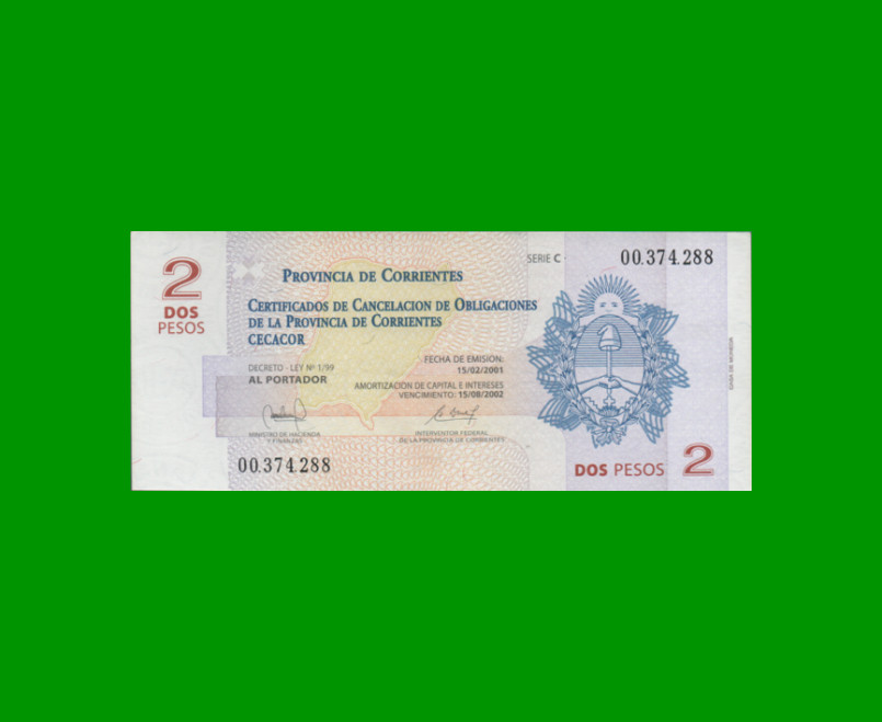 BONO CORRIENTES $2,00, EC 312, SERIE C, ESTADO EXCELENTE+ .-