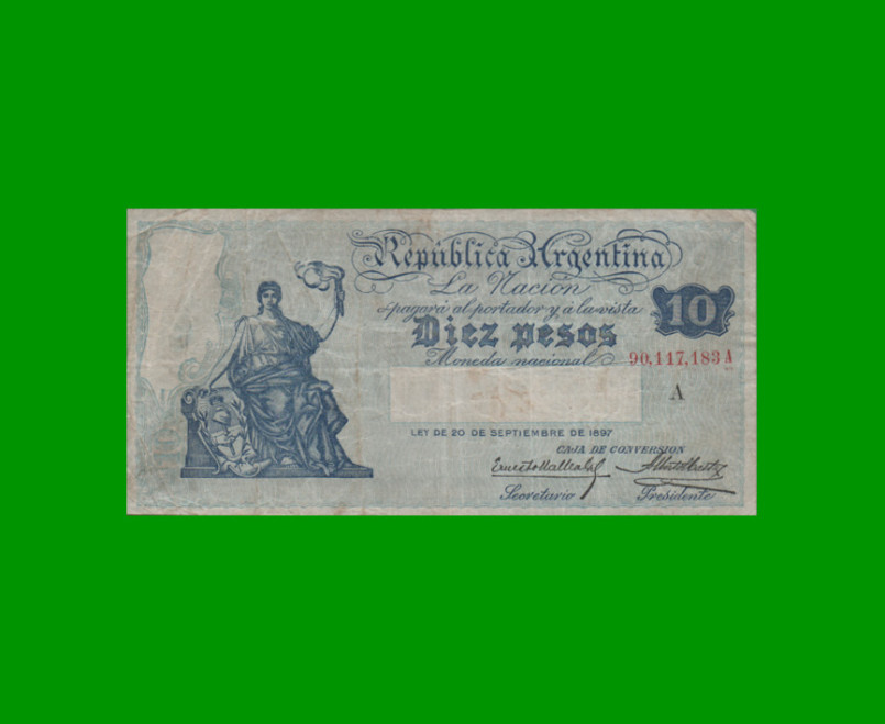 BILLETE CAJA DE CONVERSION $ 10,00, BOT 1624, AÑO 1925, ESTADO MUY BUENO-.-