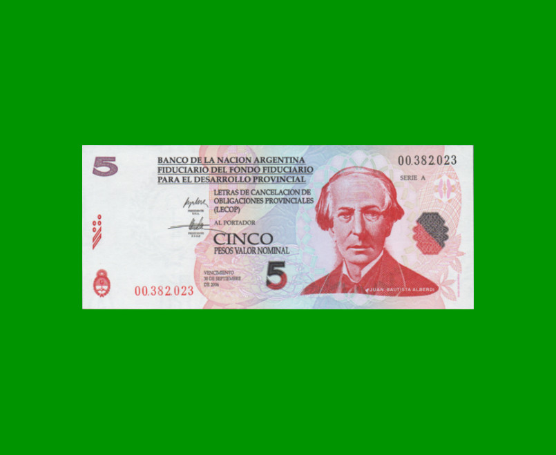 BONO NACIONAL $ 5,00, EC 202, AÑO 2001, ESTADO SIN CIRCULAR.-