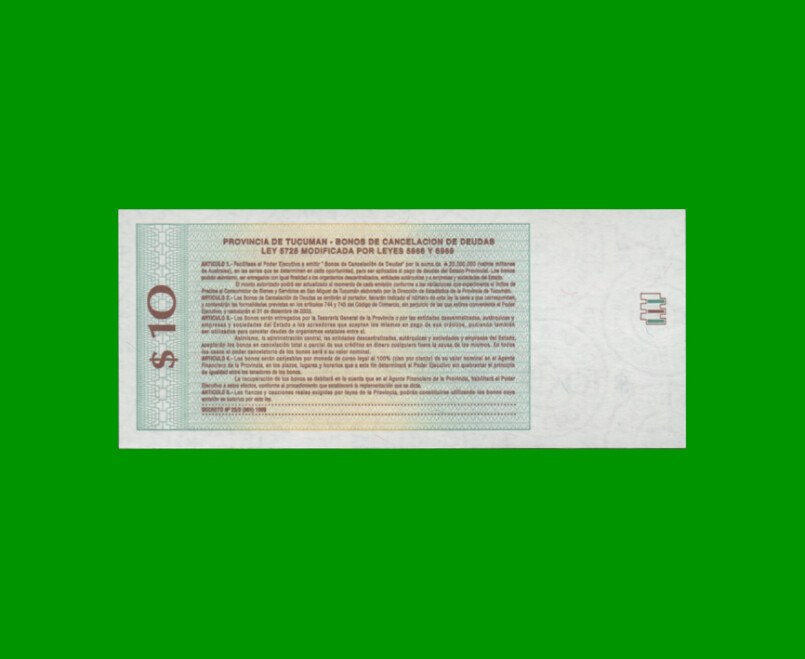 BONO DE TUCUMAN $ 10,00, EC 440, AÑO 1999, ESTADO SIN CIRCULAR.- - Imagen 2