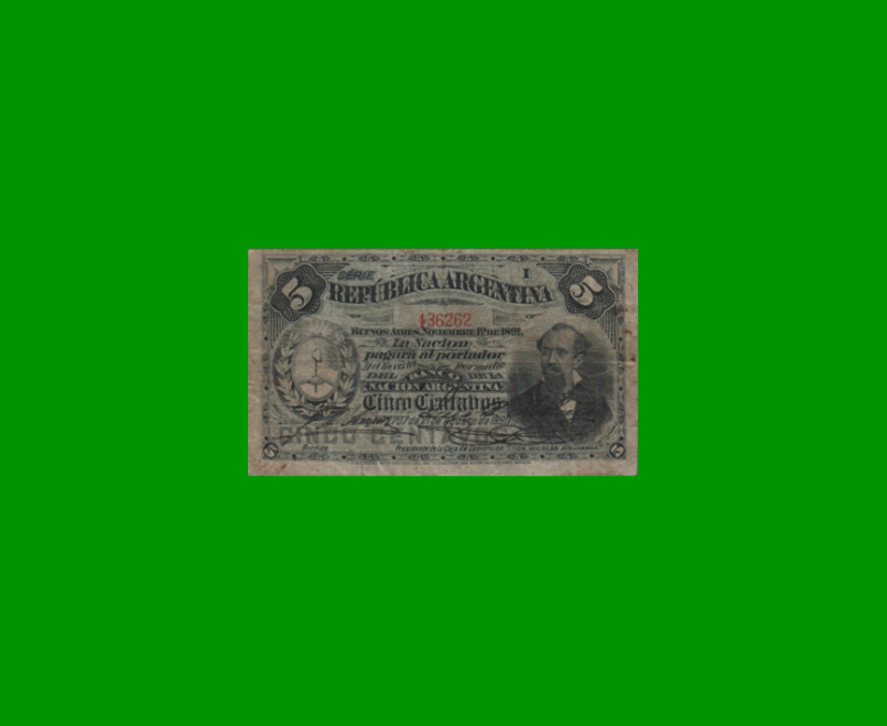 BILLETE FRACCIONARIO 0,05 CTVOS, BOT 1009, AÑO 1891, ESTADO BUENO+.-