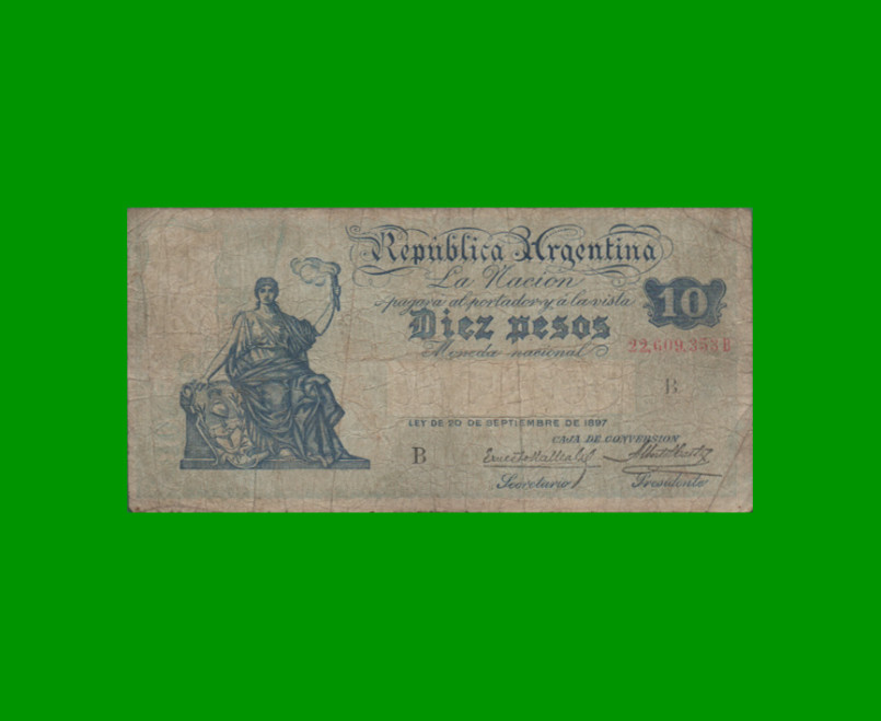 BILLETE CAJA DE CONVERSION $ 10,00, BOT 1629, AÑO 1929, ESTADO BUENO.-