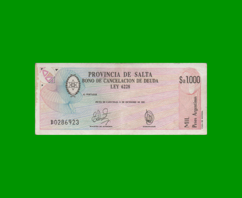 BONO DE SALTA $a1.000,00, EC 003, AÑO 1985, ESTADO MUY BUENO.-