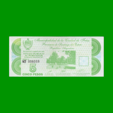 BONO DE LA MUNICIPALIDAD DE FRIAS $5,00, SERIE A, AÑO 1996, ESTADO MUY BUENO+.-