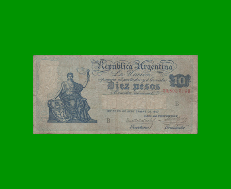 BILLETE CAJA DE CONVERSION $ 10,00, BOT 1629, AÑO 1929, ESTADO BUENO+.-