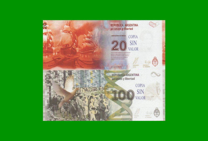 BILLETE DE $20 Y $100, SERIE TENEMOS PATRIA, FASCIMIL, ESTADO SIN CIRCULAR.- - Imagen 2