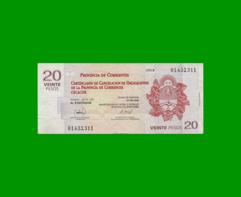 BONO CORRIENTES $20,00, EC 320, SERIE B, ESTADO MUY BUENO.-