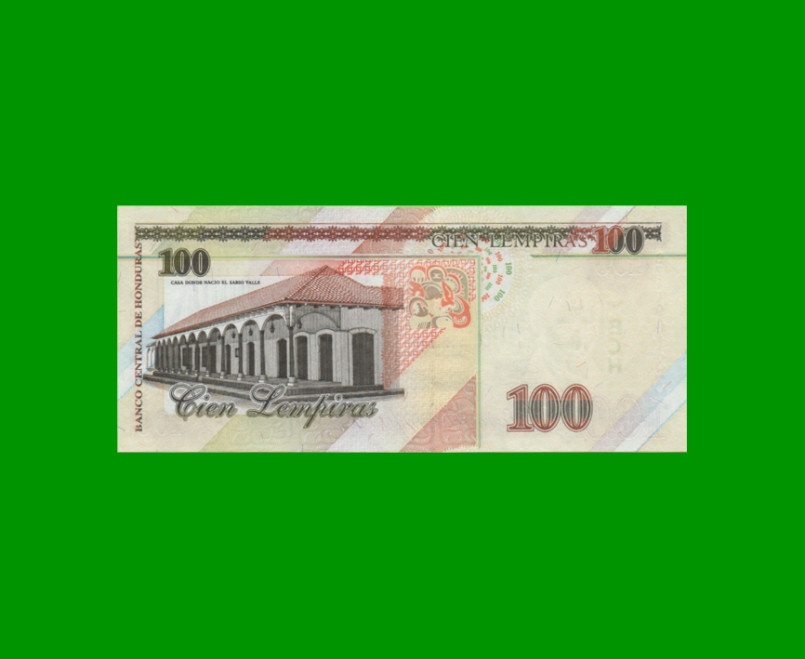 BILLETE DE HONDURAS 100 LEMPIRAS, PICK 77h, AÑO 2008 ESTADO SIN CIRCULAR.- - Imagen 2