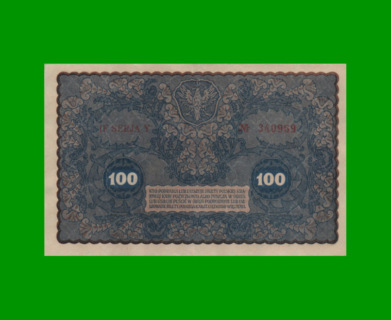 BILLETE DE POLONIA 100 MAREK, PICK 27, AÑO 1919, ESTADO EXCELENTE.- - Imagen 2