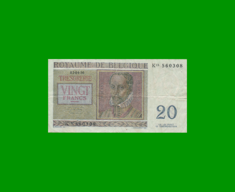 BILLETE DE BELGICA 20 FRANCOS, PICK 132b AÑO 1956 ESTADO MUY BUENO- .- - Imagen 2