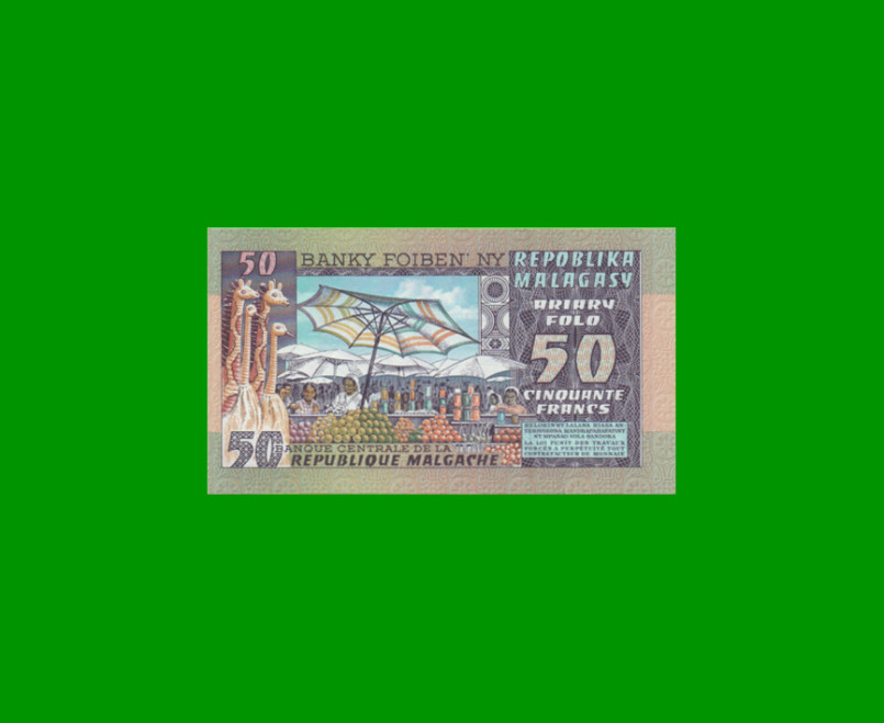 BILLETE DE MADAGASCAR 50 FRANCOS, PICK 62, ESTADO SIN CIRCULAR.- - Imagen 2