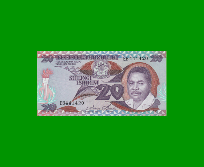 BILLETE DE TANZANIA 20 SHILLINGS, PICK 15, AÑO 1986 ESTADO SIN CIRCULAR.-