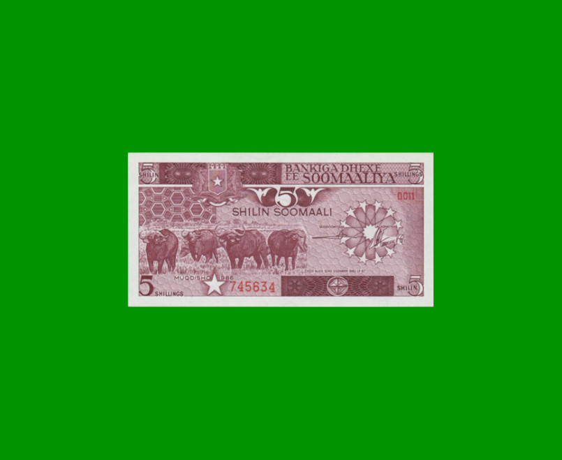 BILLETE DE SOMALIA 5 SHILLINGS, PICK 31b, AÑO 1986 ESTADO SIN CIRCULAR.-