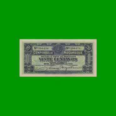BILLETE DE MOZAMBIQUE 20 CENTAVOS, PICK R29, AÑO 1933 ESTADO EXCELENTE+ .-